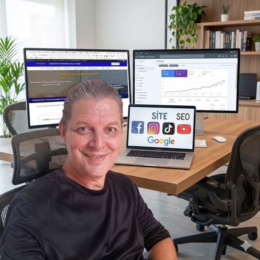 Reinaldo, consultor de SEO da SOSSEO, em seu escritório em Osasco. Ao fundo, monitores exibem o site da agência e um gráfico de crescimento no Google Search Console, ilustrando estratégias de tráfego orgânico e criação de sites profissionais.