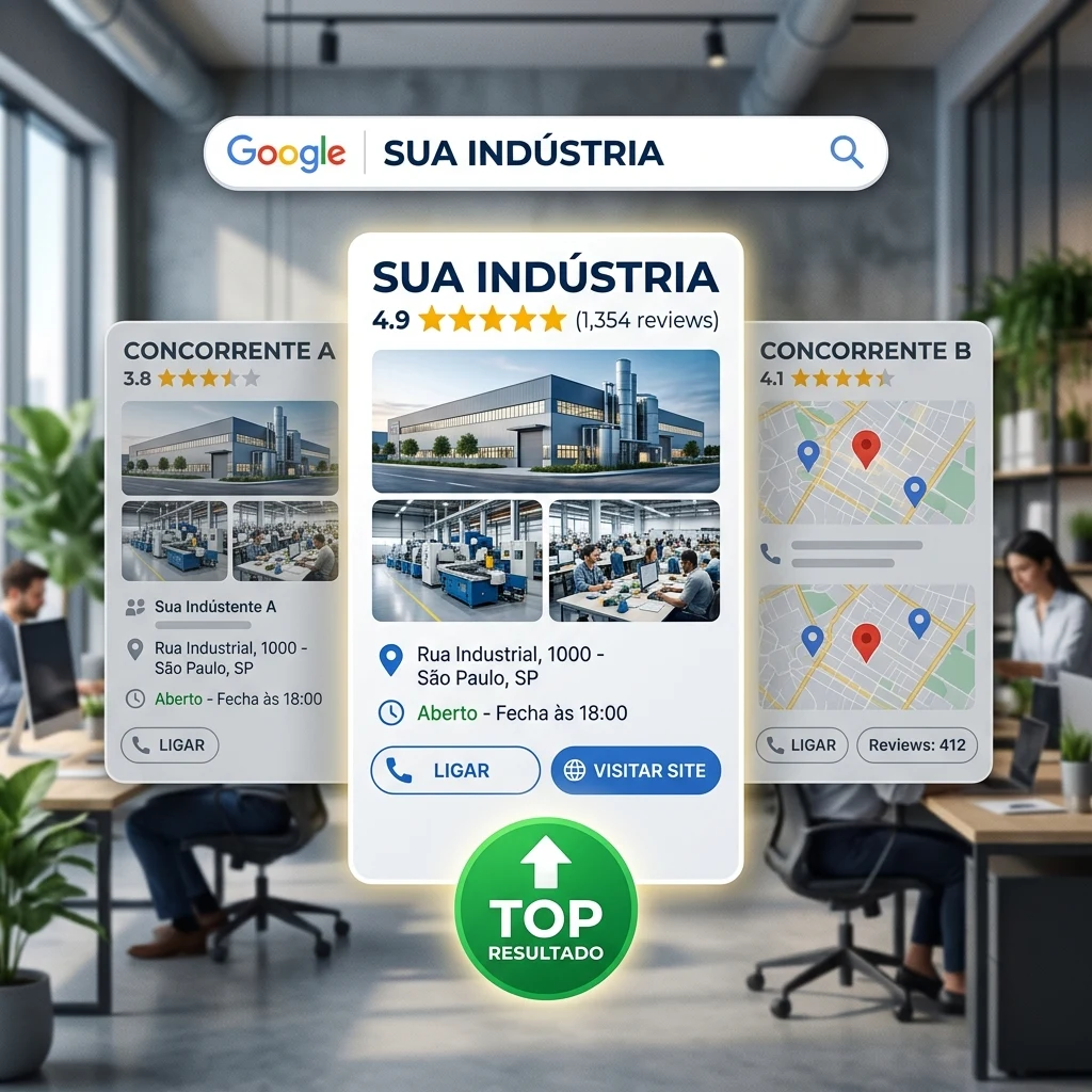 Comparativo no Google: no topo "SUA INDÚSTRIA" com 4.9 estrelas, fotos da fábrica e selo "TOP RESULTADO", superando os concorrentes A e B.