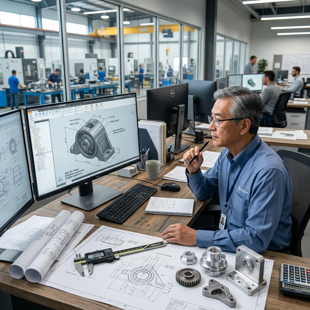 Como Reduzir o CAC Industrial B2B e Atrair Cotações no Google Engenheiro orçamentista analisando projeto técnico CAD de componentes industriais para qualificação de cotações B2B.