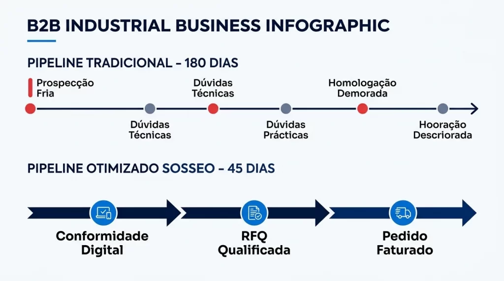 Infografico Ciclo de Vendas Industrial Fundo Claro Variacao Linha do tempo comparativa de pipeline B2B industrial: ciclo tradicional de 180 dias com dúvidas técnicas versus pipeline otimizado SOSSEO de 45 dias com conformidade digital e RFQ qualificada.