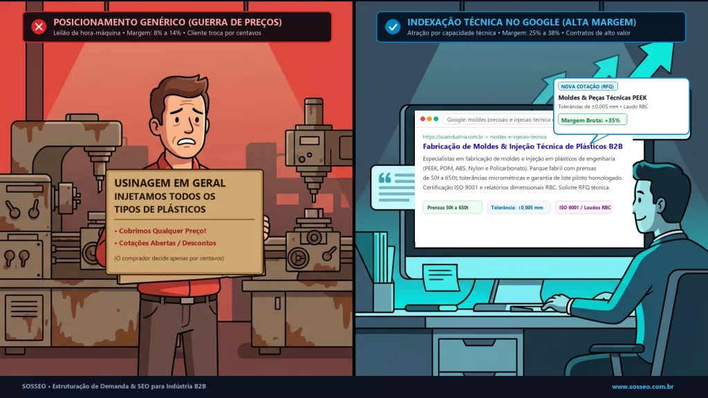 Infografico Ciclo de Vendas Industrial Fundo Claro Variacao Infográfico comparando posicionamento genérico de usinagem em leilão de preços versus indexação técnica de alta capacidade no Google B2B