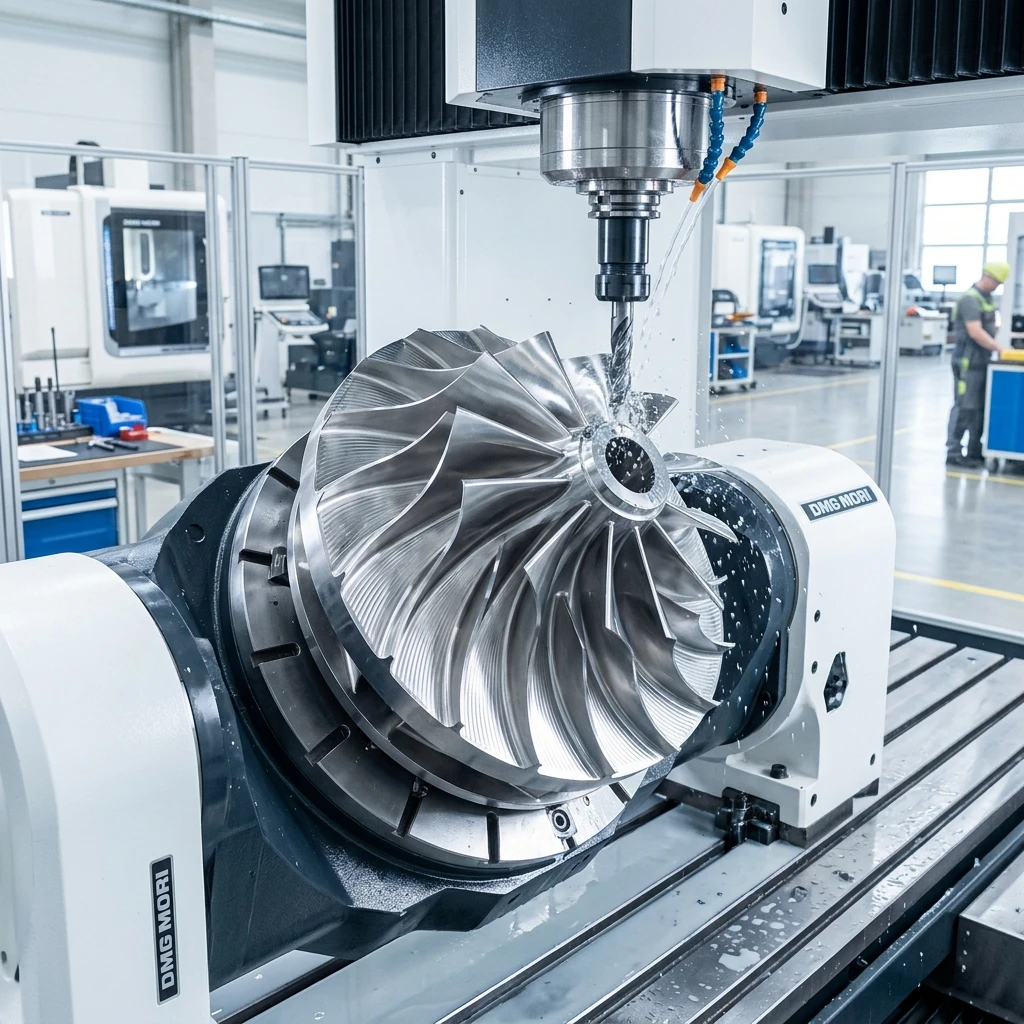 Como Reduzir o CAC Industrial B2B e Atrair Cotações no Google Centro de usinagem CNC de 5 eixos continuos usinando componente aeroespacial de geometria complexa em titanio com tolerancia critica